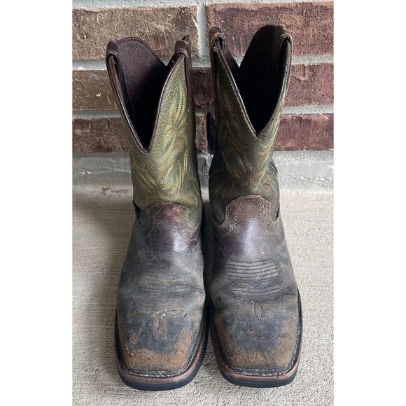Justin Square Toe Work Cowboy Boots Brown/Green Steel Toe Men’s Sz 9EE Wide